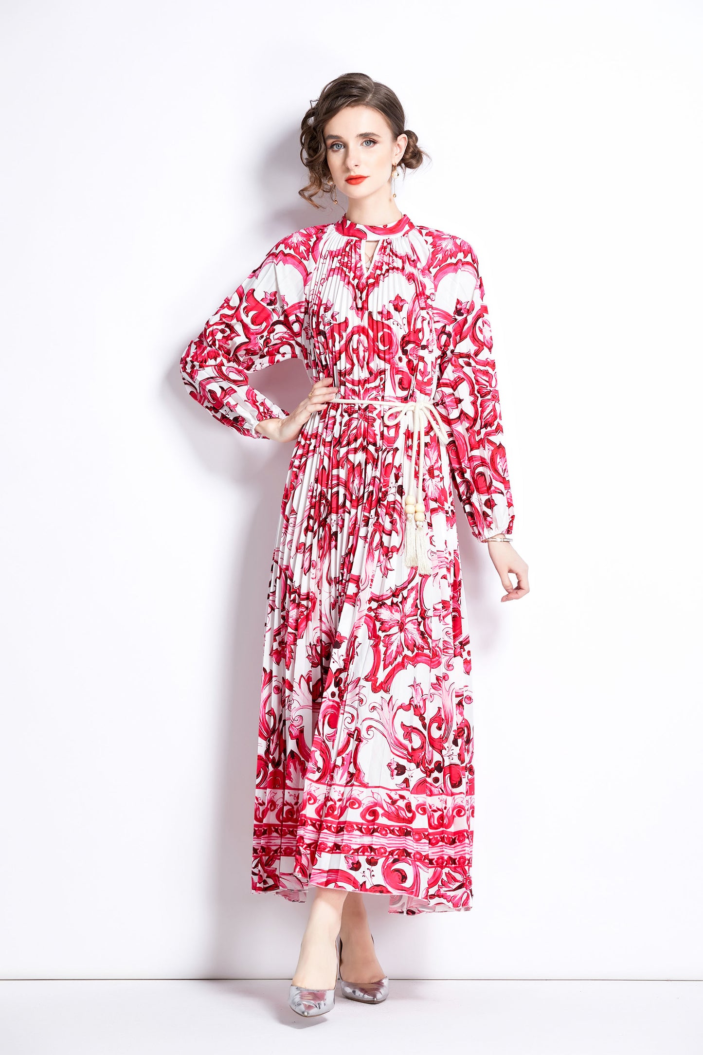 Women's Elegant Floral Print Pleated Round Neck Long Sleeves Loose Swing Party Dress