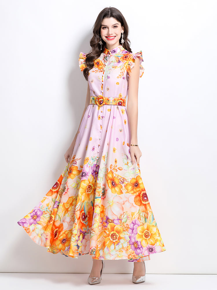 Floral print ruffled sleeveless dress