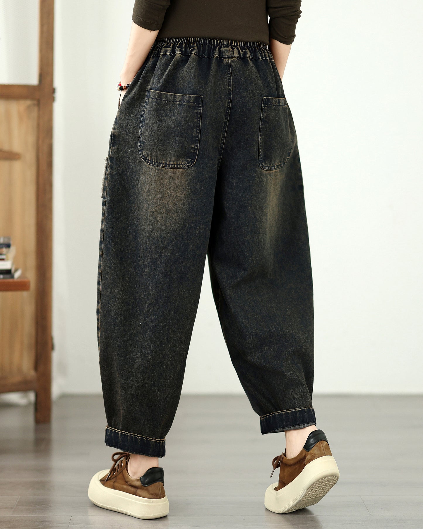 Retro Boho Patchwork Floral Print Denim Harem Pants