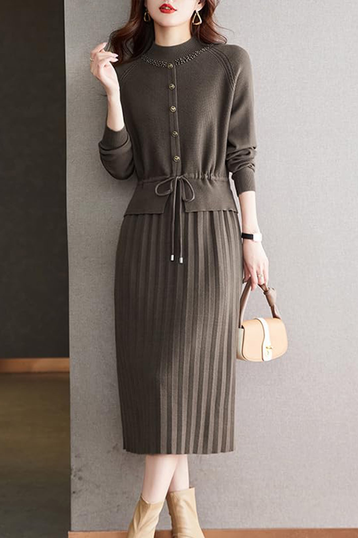 Knit  Drawstring Stretchy Button Midi Dress