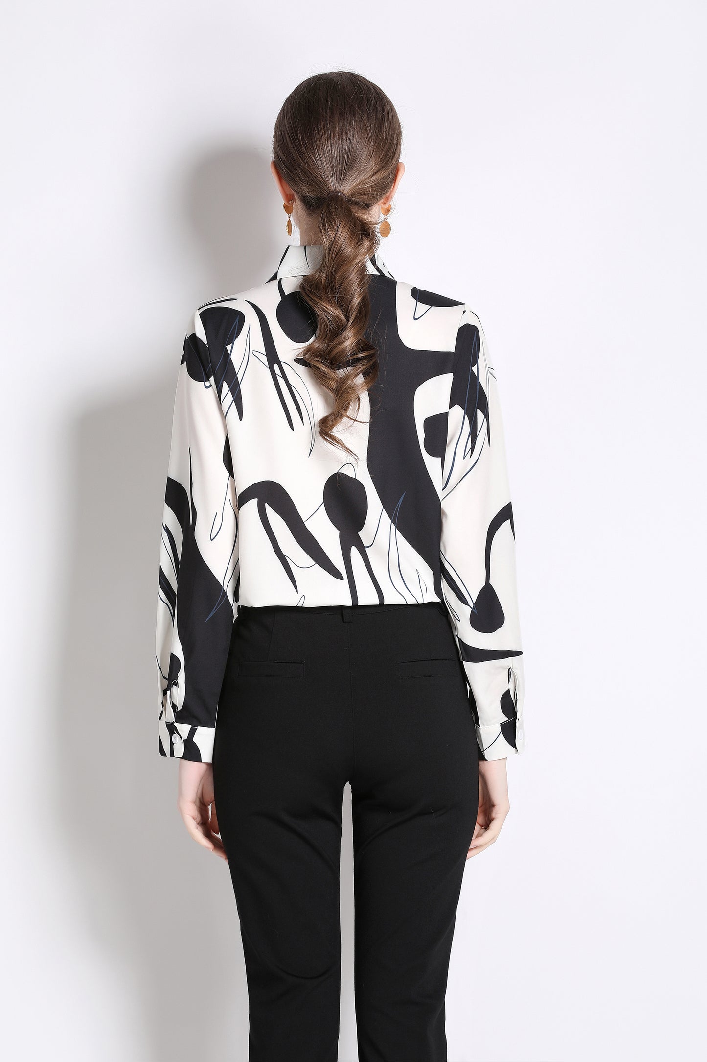 ESY-Women's Long Sleeve Lapel Collar Print Button Blouse