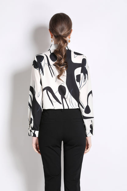 ESY-Women's Long Sleeve Lapel Collar Print Button Blouse
