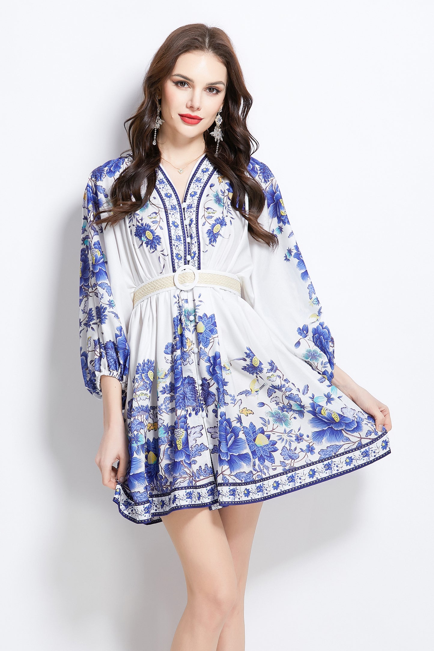 Women's V-Neck Floral Print Mini Dress