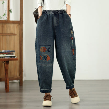 Vintage Wide-Leg Jeans Embroidered Denim Harem Pants