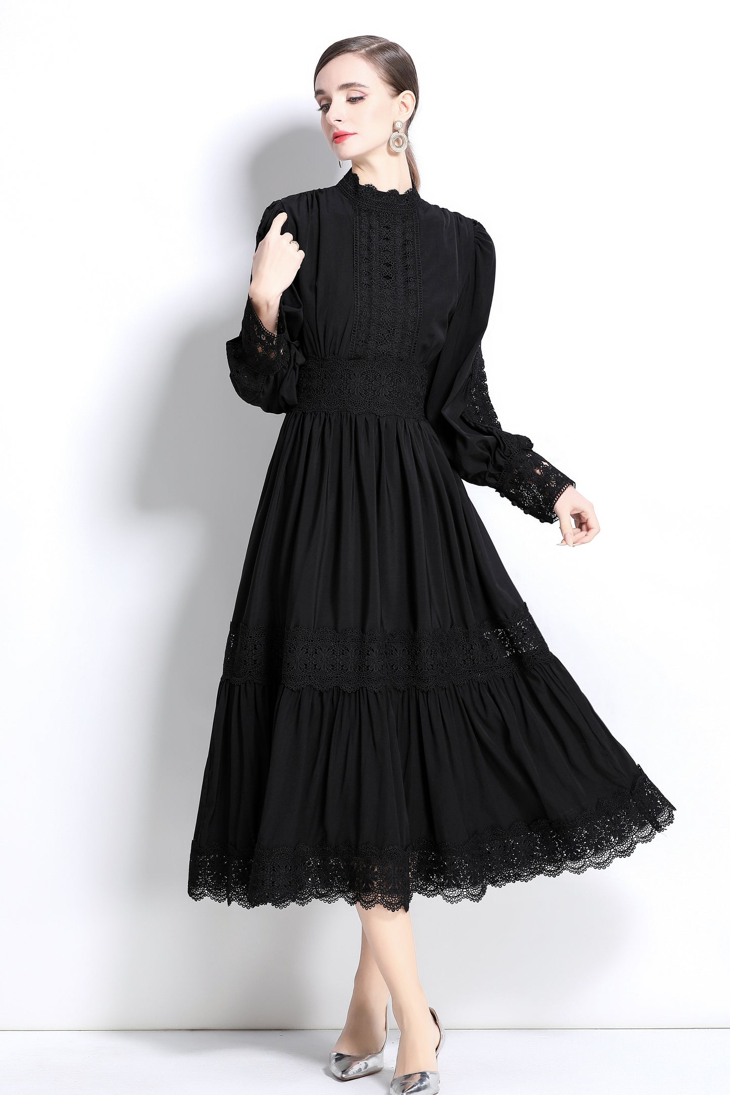 Women's Mock Neck Lantern Sleeve Lace Tiered Maxi Dress