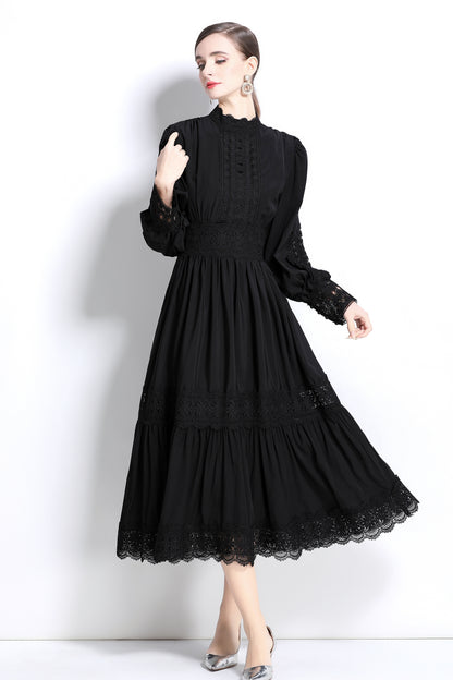 Women's Mock Neck Lantern Sleeve Lace Tiered Maxi Dress