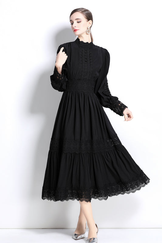Women's Mock Neck Lantern Sleeve Lace Tiered Maxi Dress