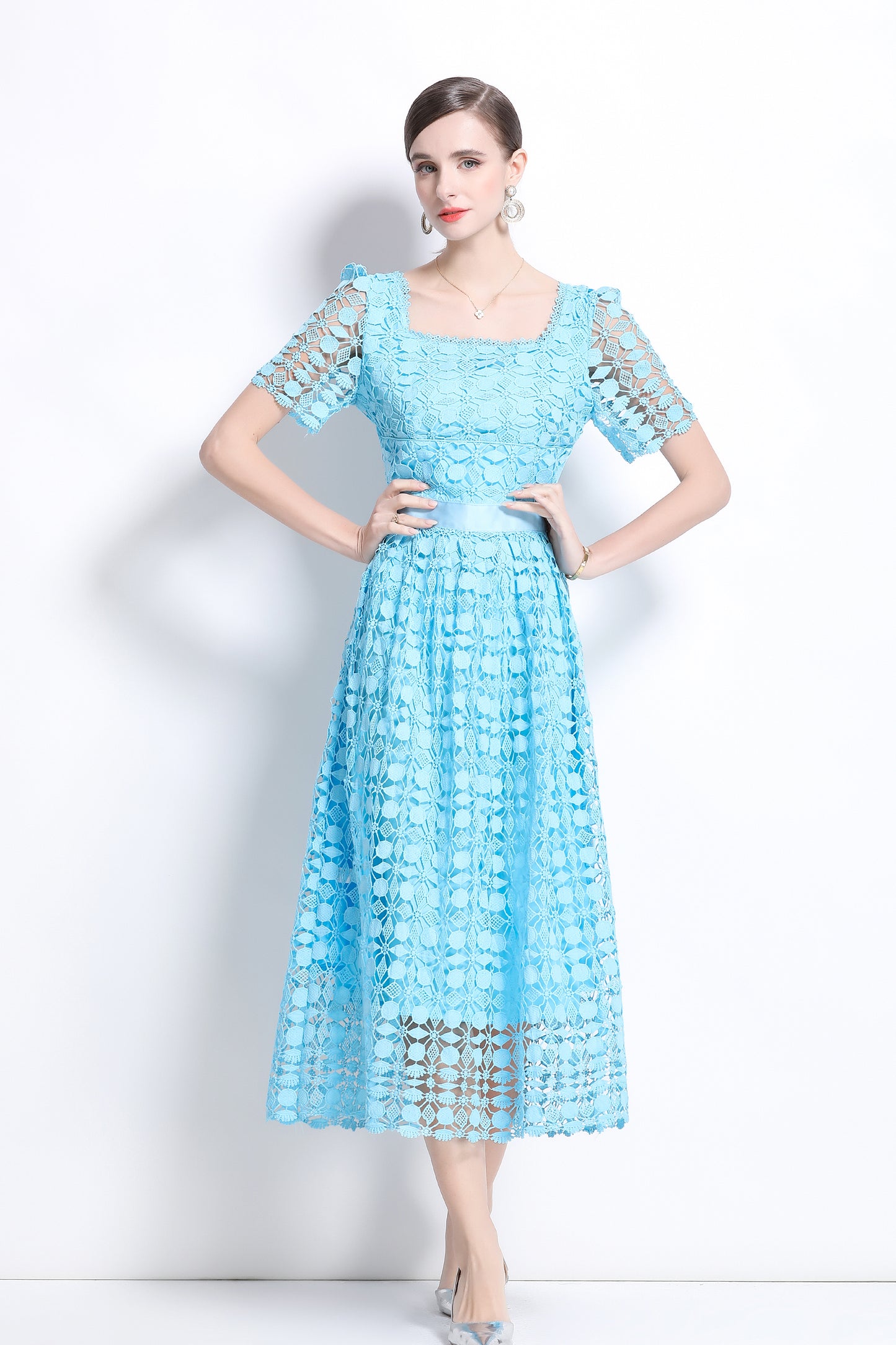 Women's Square Neck Hollow Lace Midi Dress