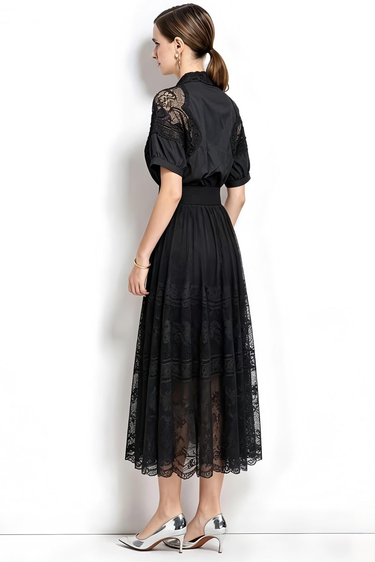 Romantic Black Short Sleeve Lace Mesh Midi Dress with Belt