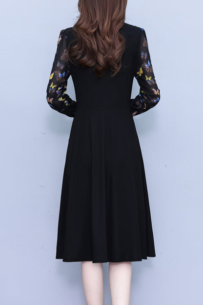 Women's Elegant Tie Neck Long Sleeve Black Dress