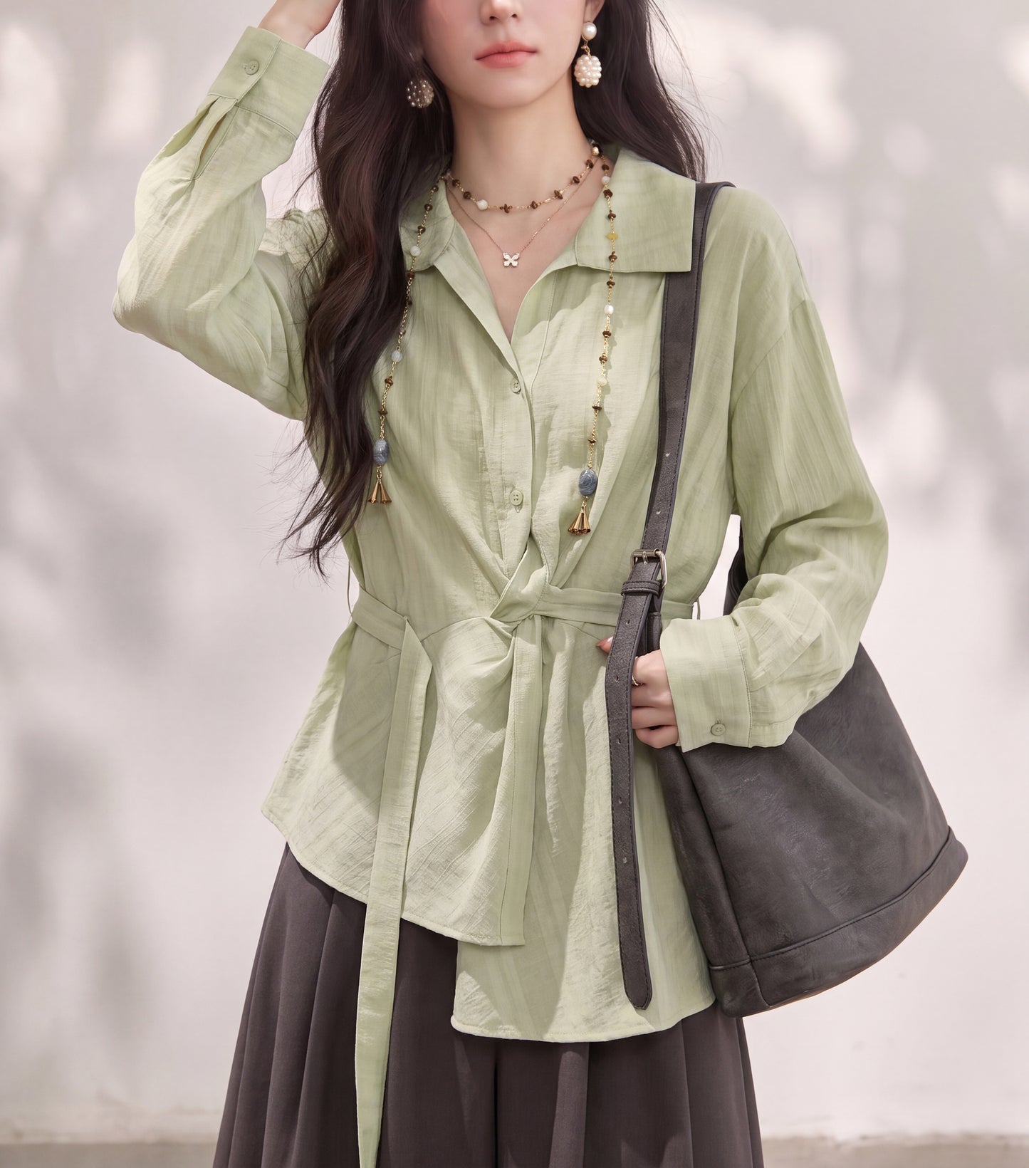 Sage Green Tie-Waist Button-Up Shirt Jacket