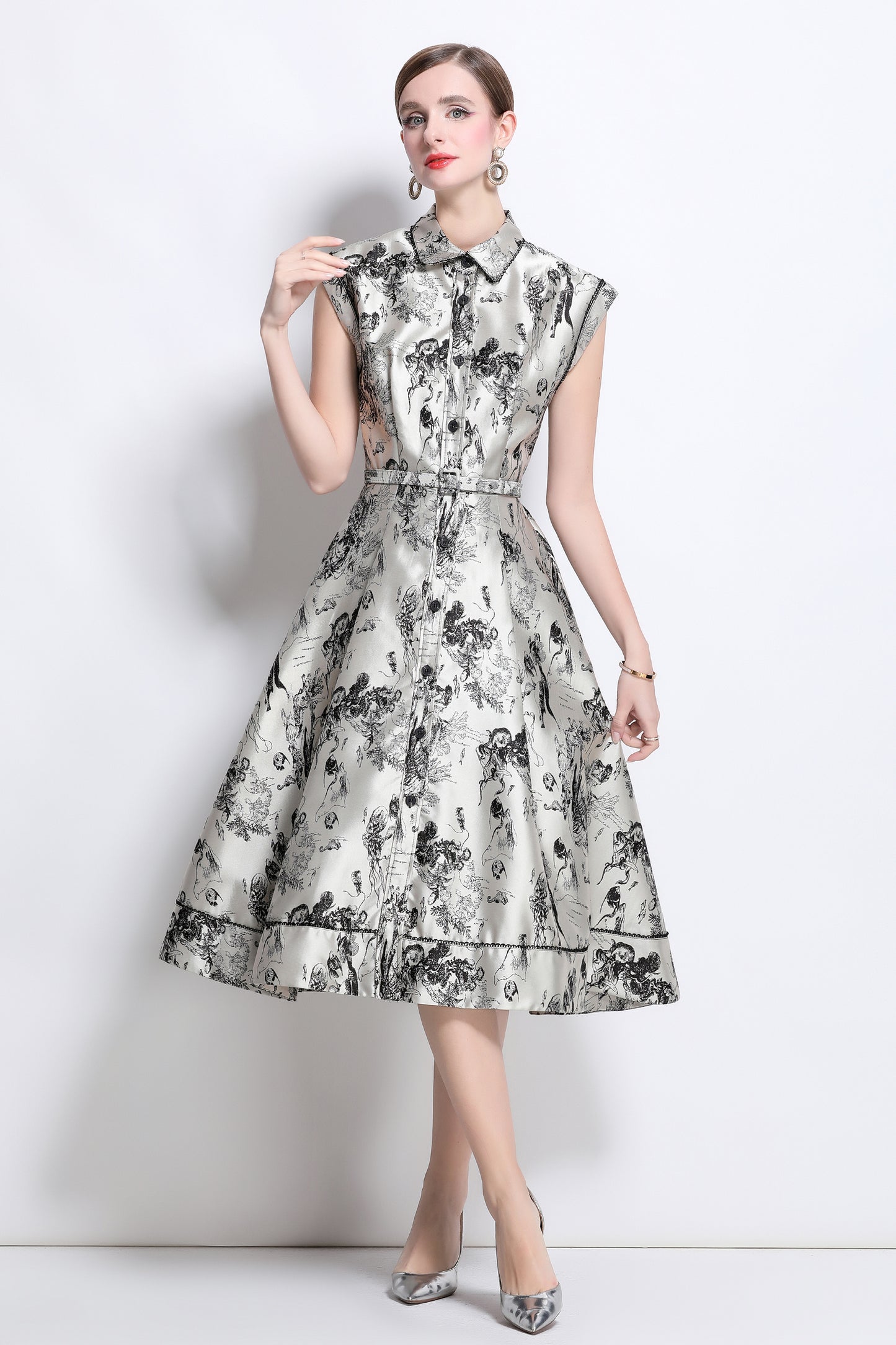 Women's Jacquard Cap Sleeve Button Rockabilly Dress