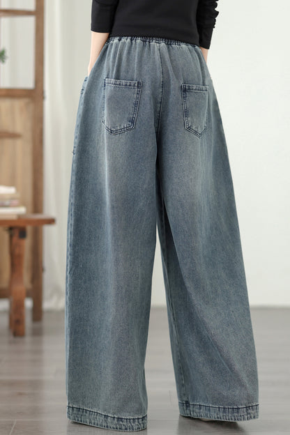 Jeans for Women Wide Leg Pull On Elastic Waist Denim - LAI MENG FIVE CATS
