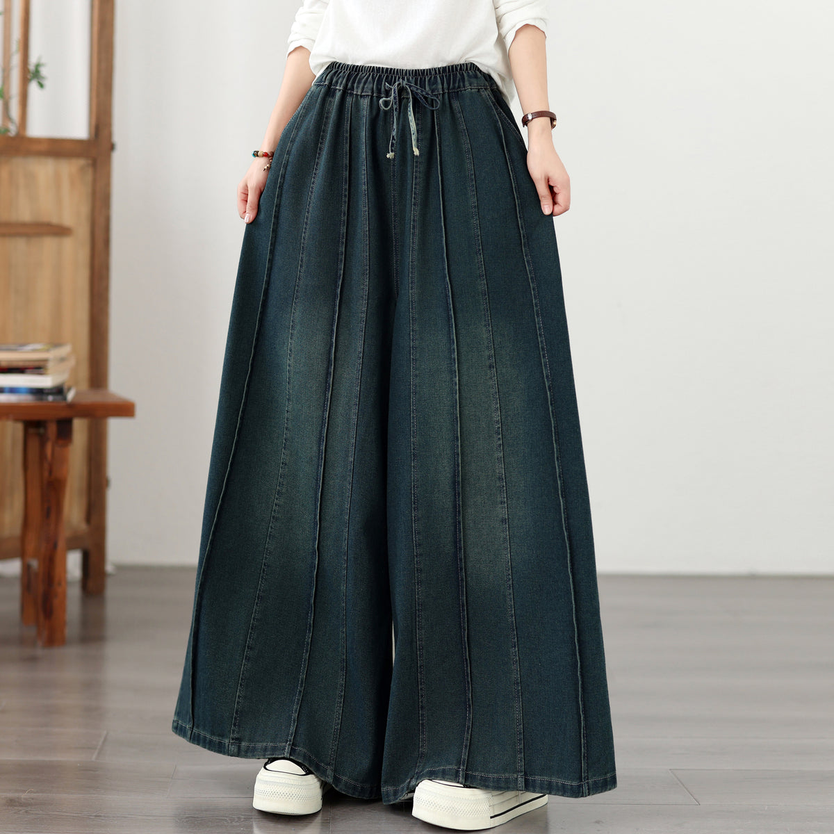 Women's Denim Wide Leg Pants - Drawstring Waist & Vertical Panel Details