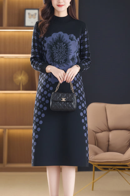 Women's Fashion Print Knit Pullover Sweater Midi Dress