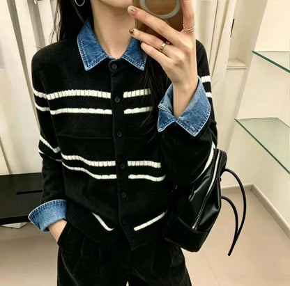 Denim Collar Striped Knit Cardigan Long Sleeve Casual Sweater