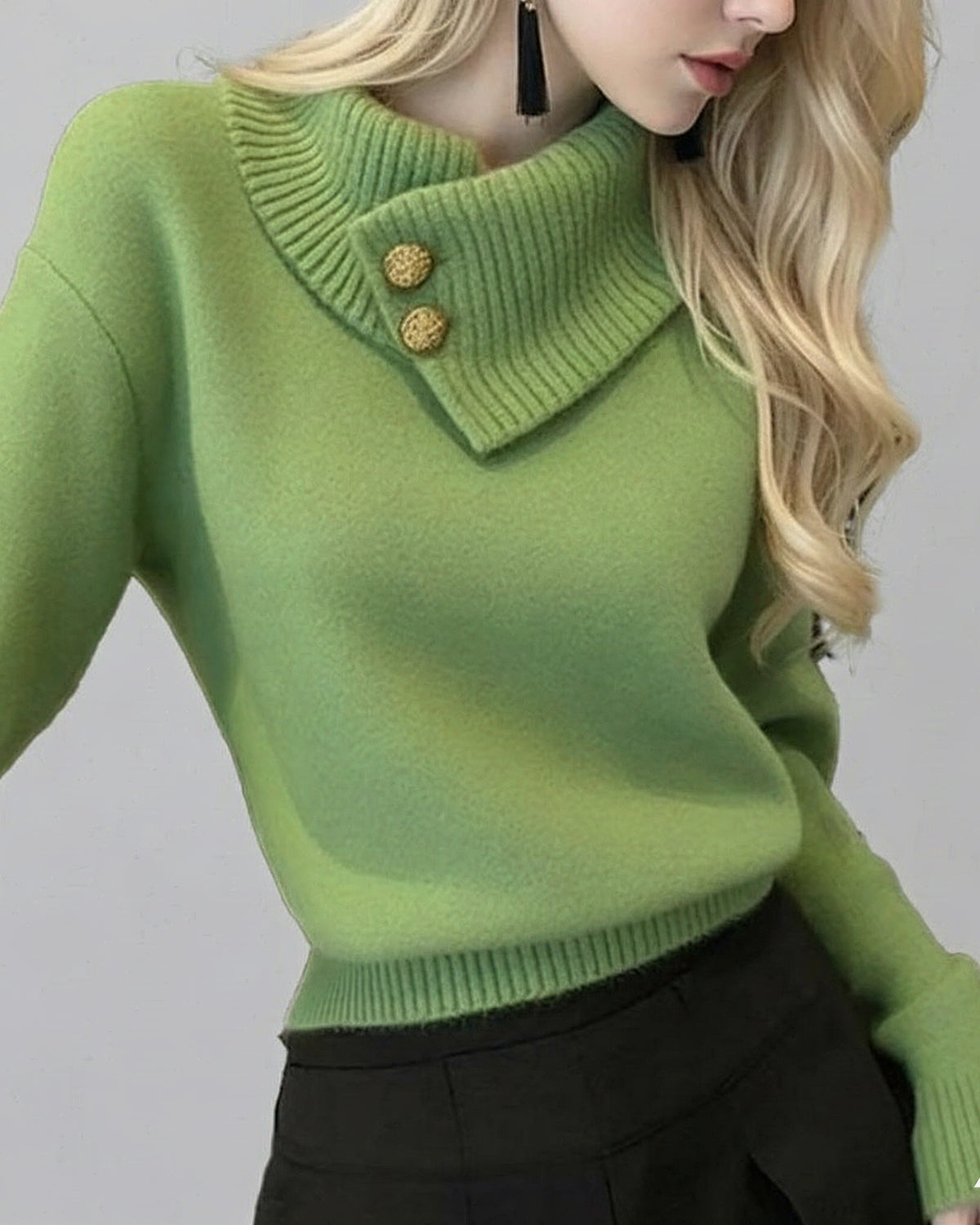Women's Fine-Knit Funnel Neck Top — Asymmetric Fold Collar with Button Detail