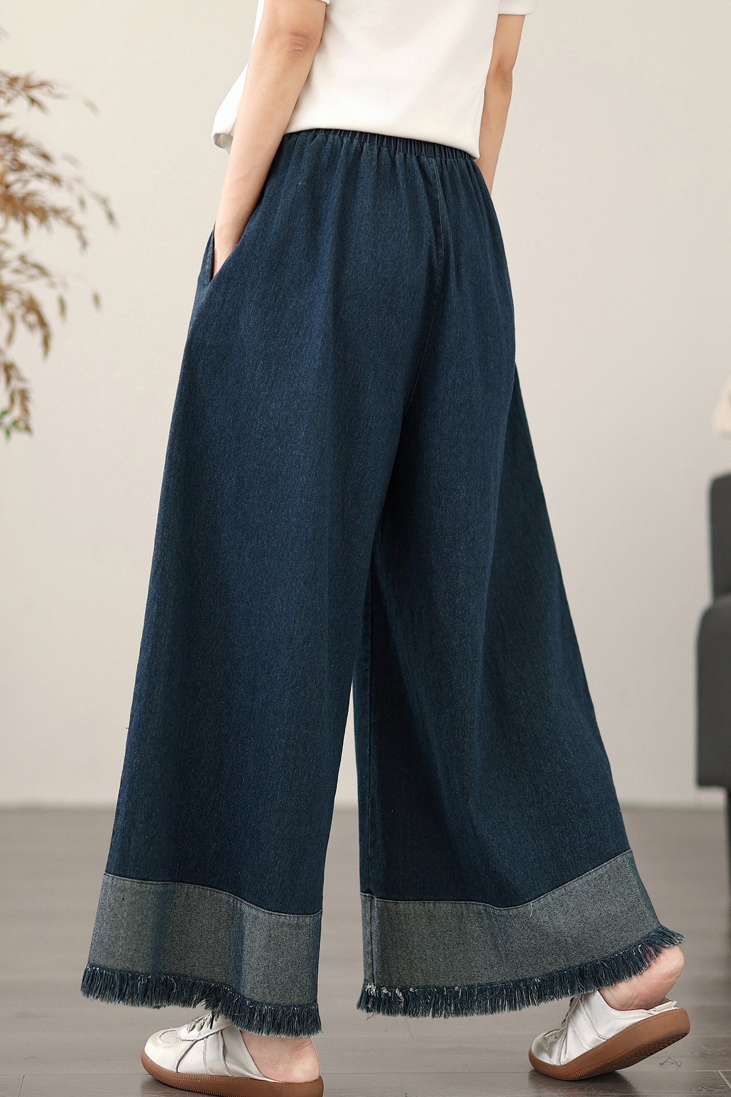 Women's Elastic Waist Wide Leg Denim Pants
