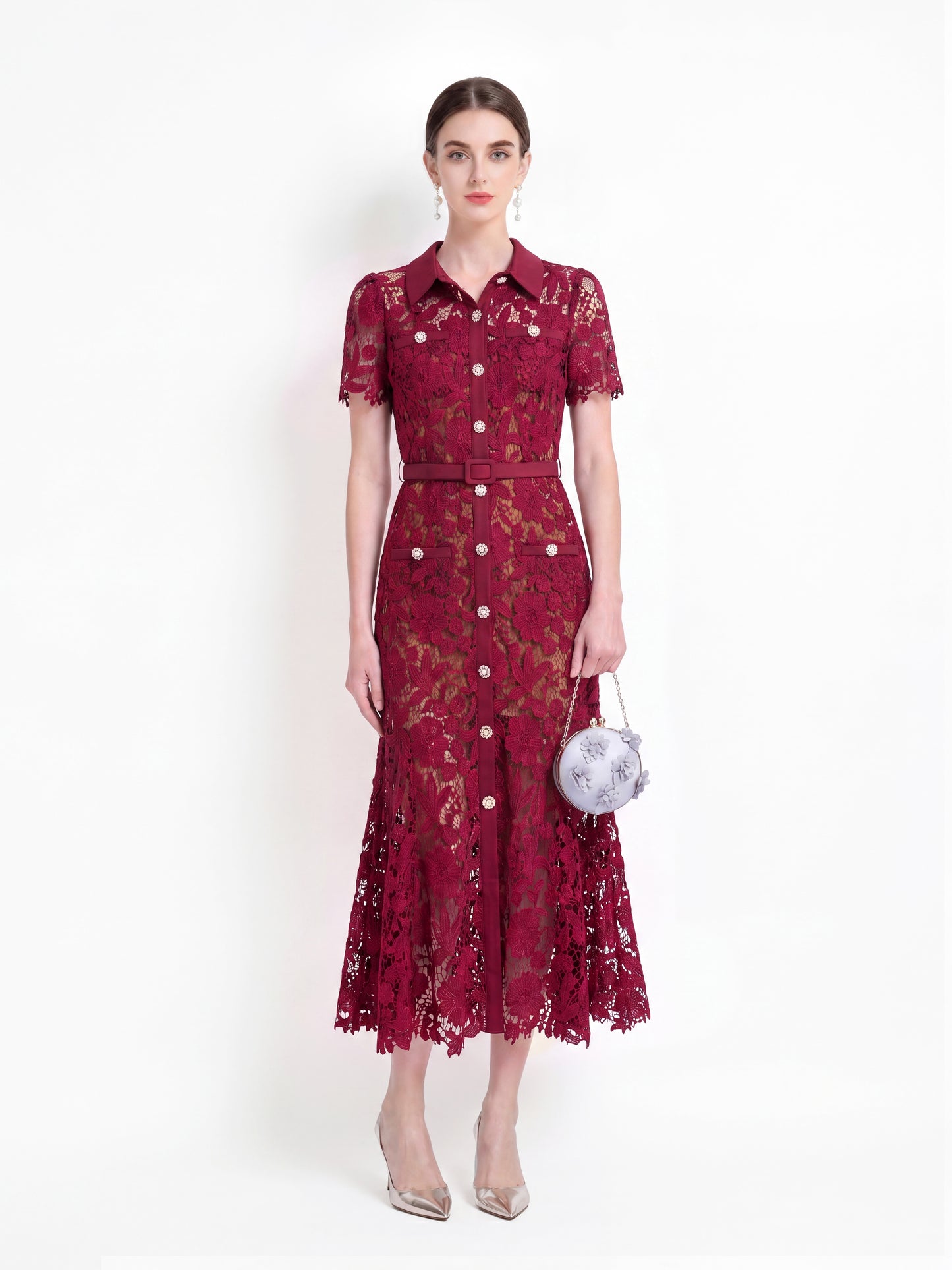 Lace Collared Belted Fishtail Dress | Wine Red