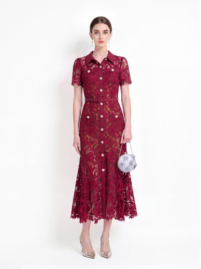 Lace Collared Belted Fishtail Dress | Wine Red