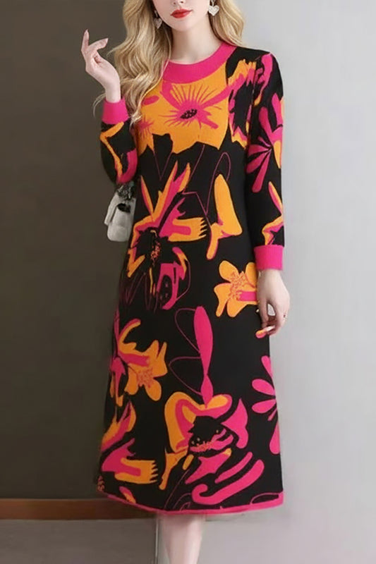 Women's Turtleneck Print Pullover Sweater Midi Dress