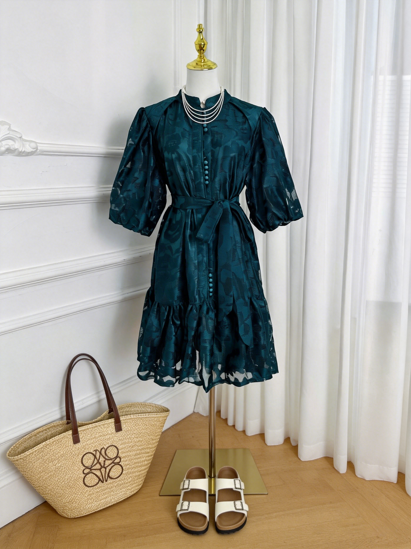 Emerald Jacquard Puff Sleeve Mini Dress