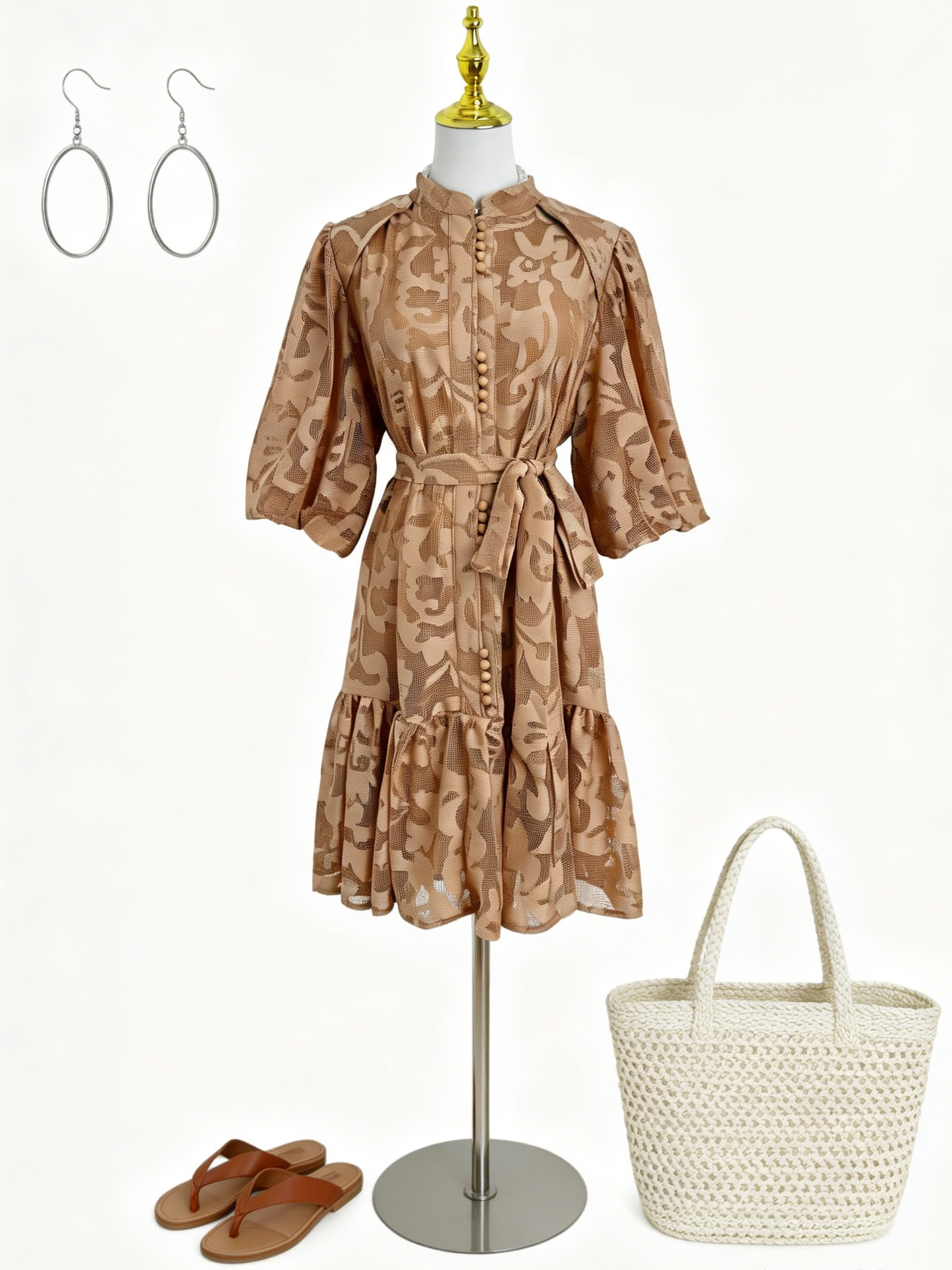 Khaki Coastal Romantic Mini Dress Loose Fit