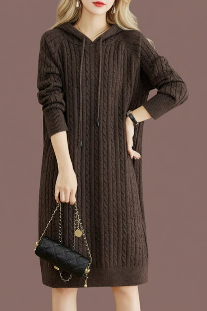 Women's Cable Knit Sweater Hoodie Midi Dress
