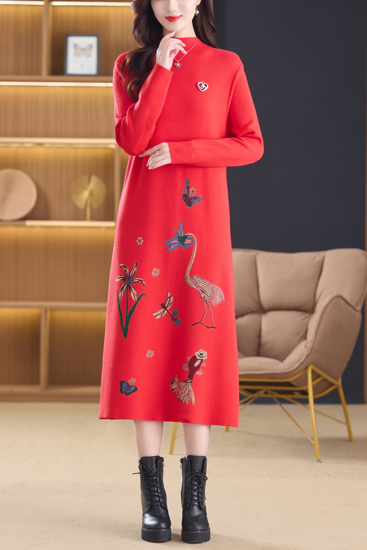 Women's Turtleneck Sweater Long Sleeve Red Dress