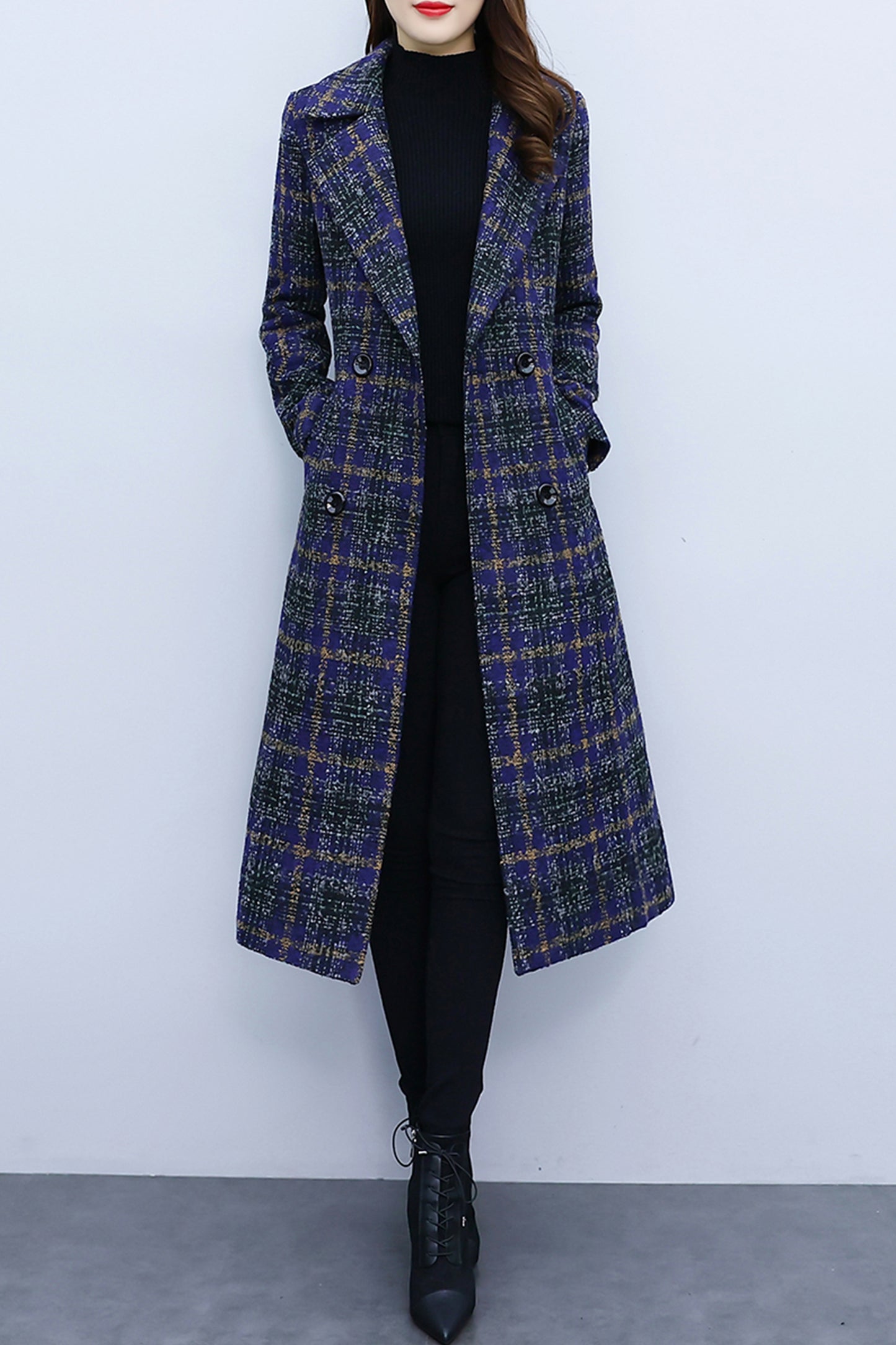 women's plaid woolen long coat