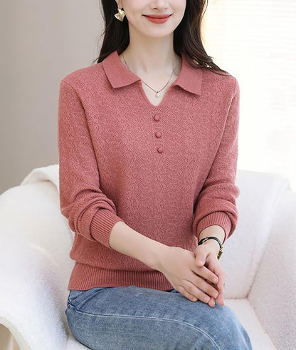 Women's Pink Polo Knit Top — V-Neck & Long Sleeve Ribbet Knitted
