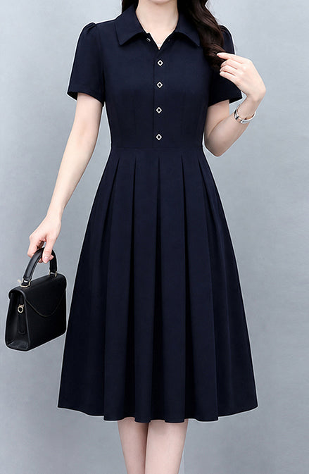 Short Sleeve Stretch Button Front Midi Dress