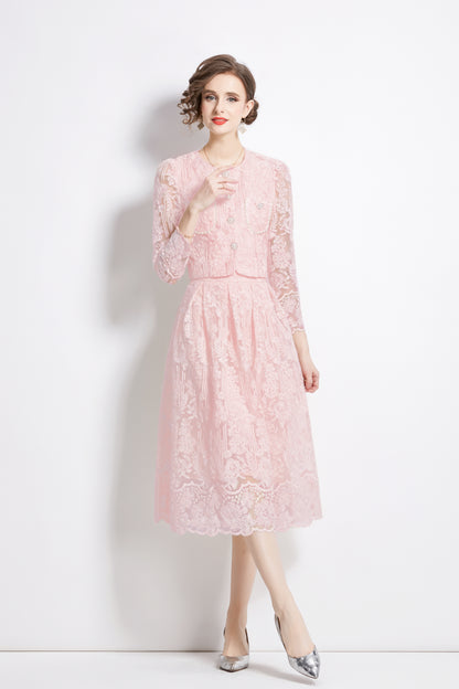 2 Pieces Chiffon Lace Button Midi Dress