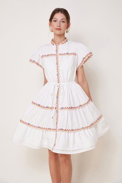 Women's Embroidered Puffed Sleeve Waist Drawstring Mini Dress
