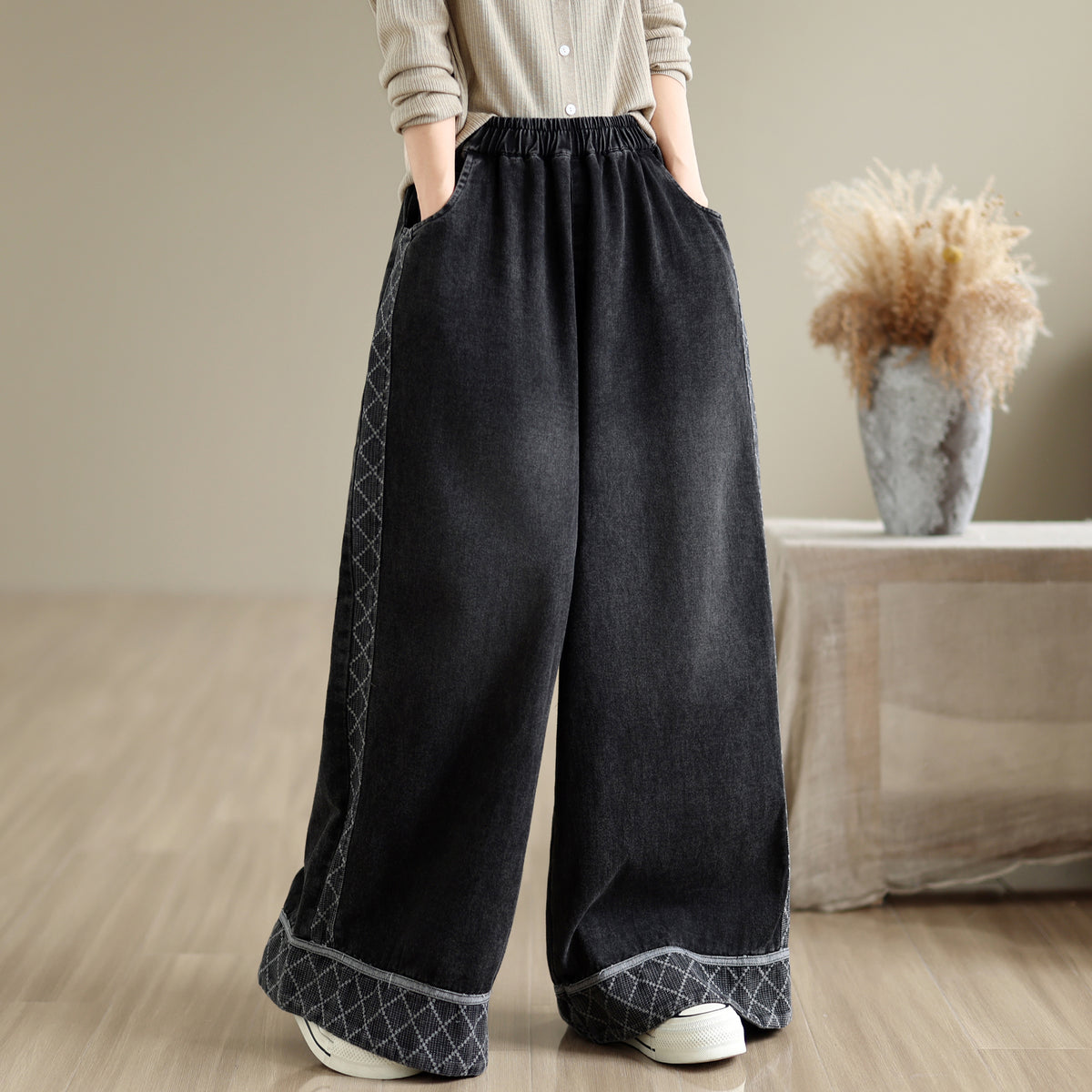 28666-Vintage Denim Wide Leg Palazzo Pants with Elastic Waist & Pockets