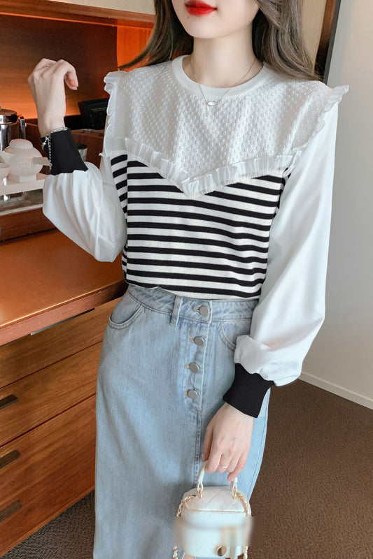 Women's Casual Patchwork Ruffled Shirt Print Blouse