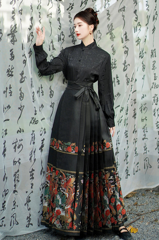 Women's Chinese Horse Face Skirt Vintage Maxi Jacquard Skirt Outfit