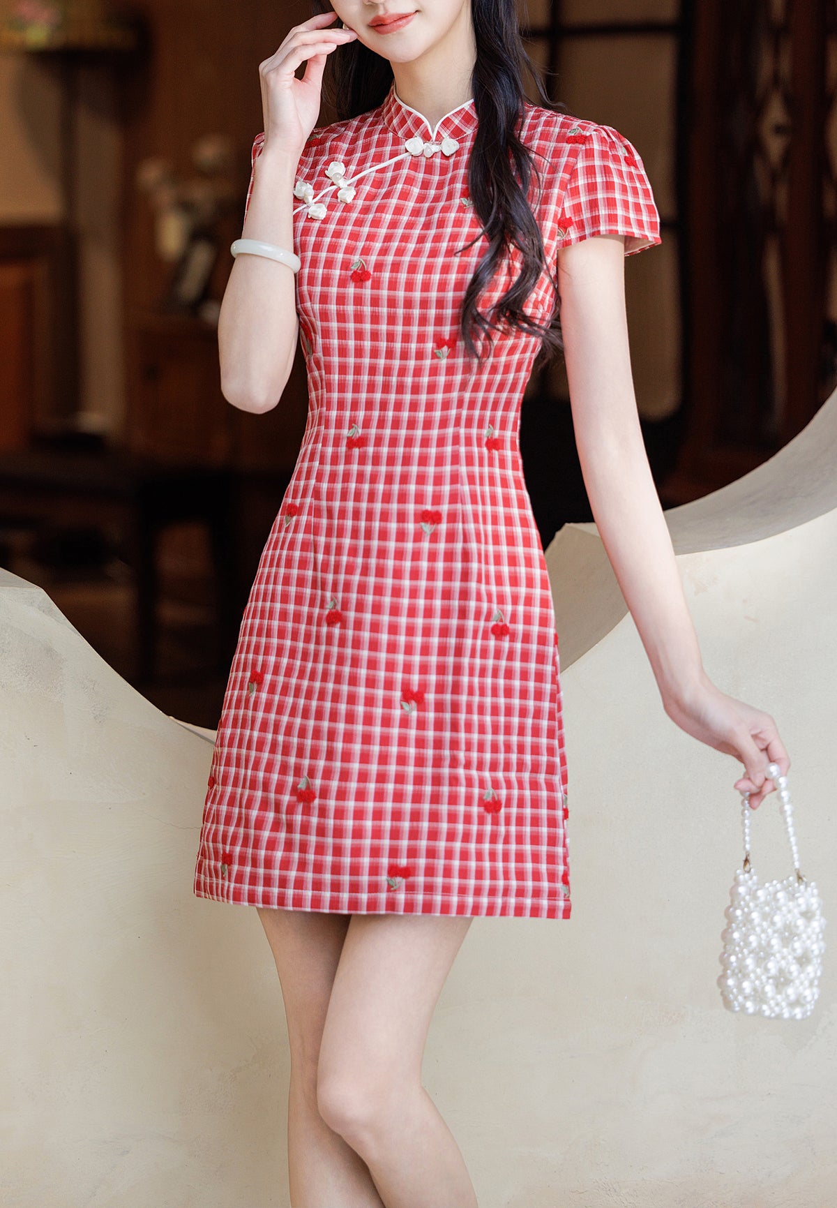 Red Cherry Gingham Cheongsam with Puff Sleeves Qipao Mini Dress