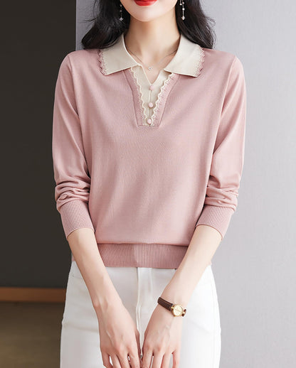 Women's Vintage Knit Top – Contrast Collar & Scalloped V-Neck