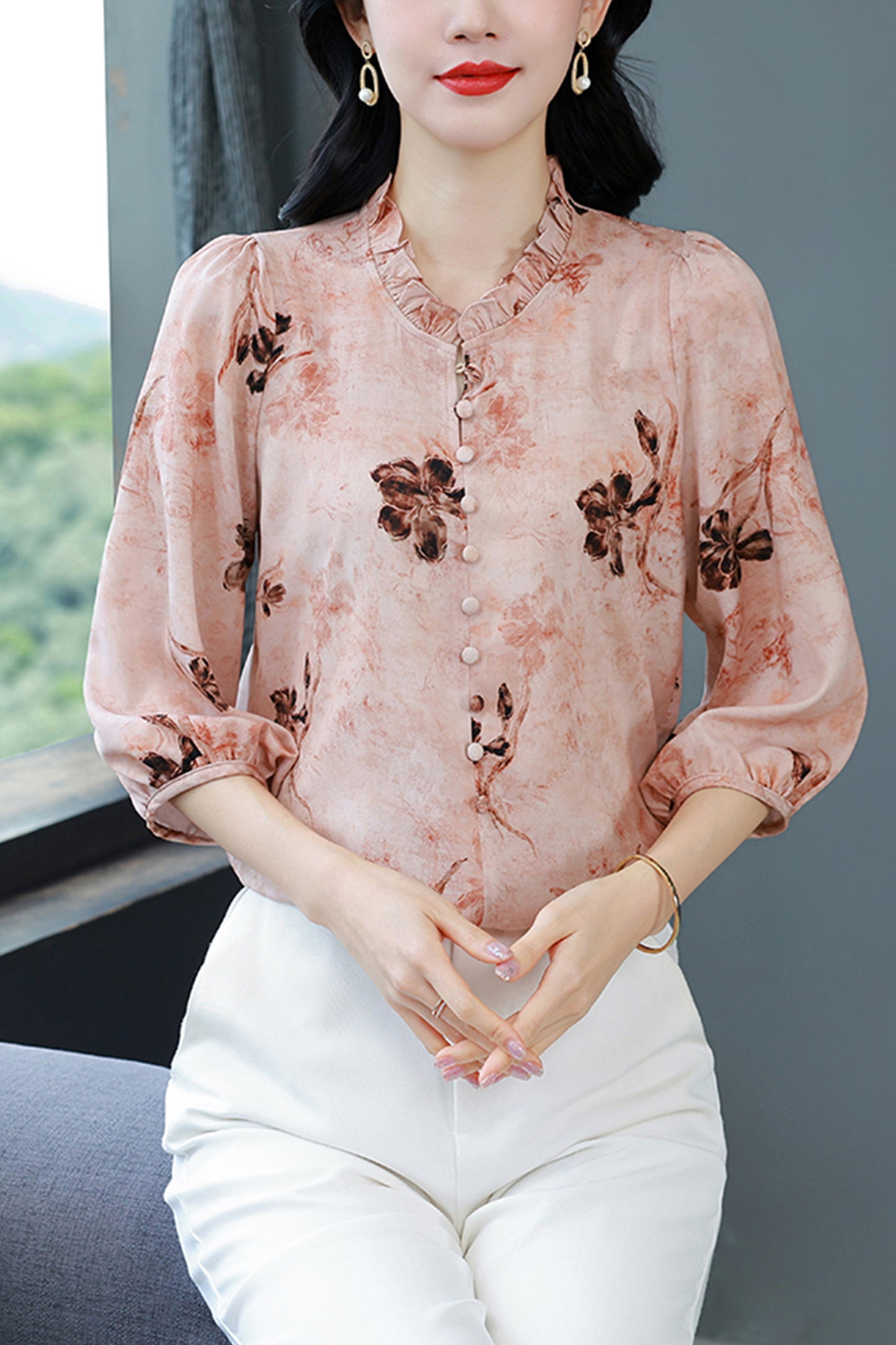 Women's Floral Print Ruffle Button Loose Blouses Top