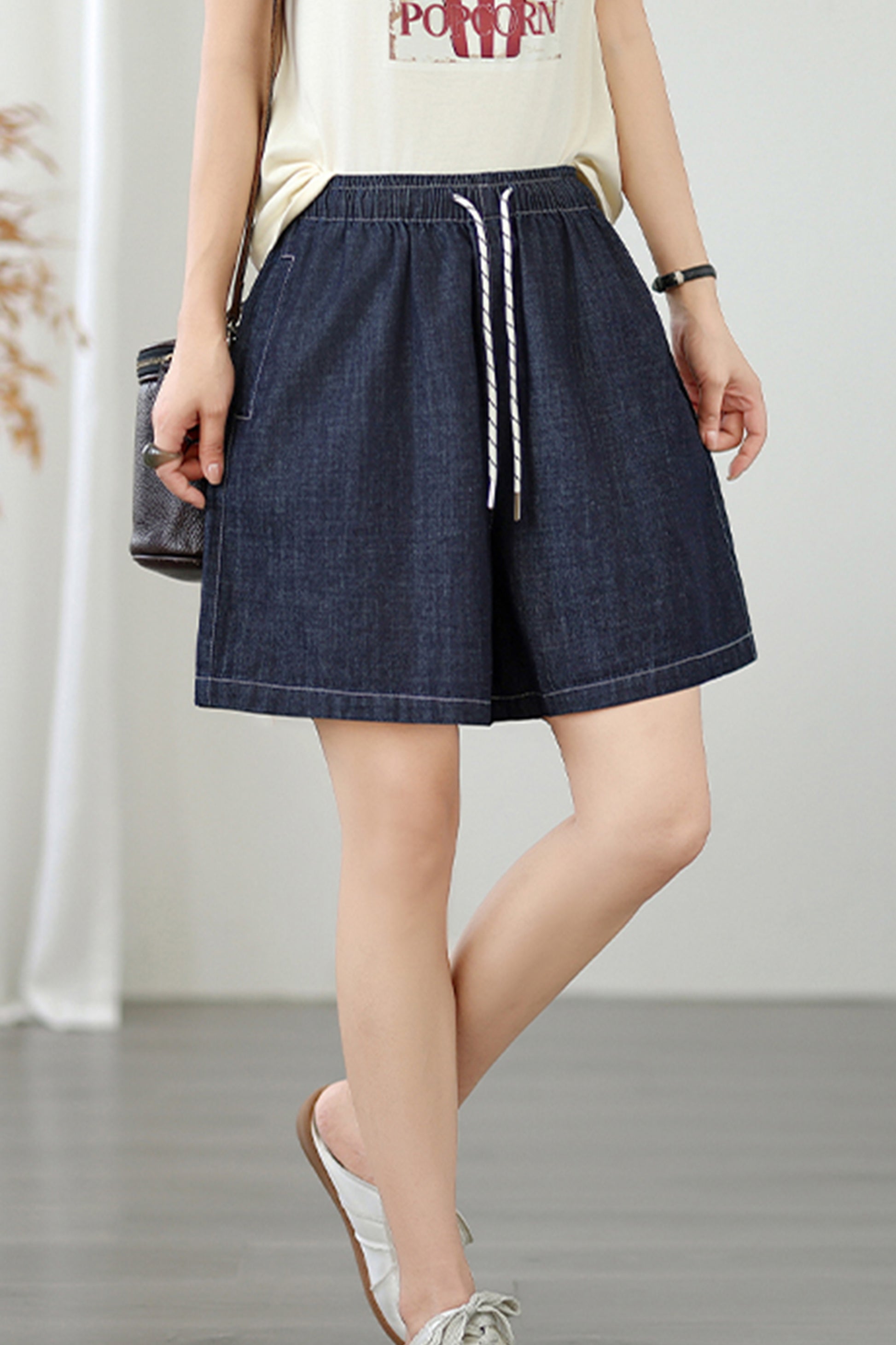 Women's Baggy Pull On Jeans Ripped Denim Shorts - LAI MENG FIVE CATS