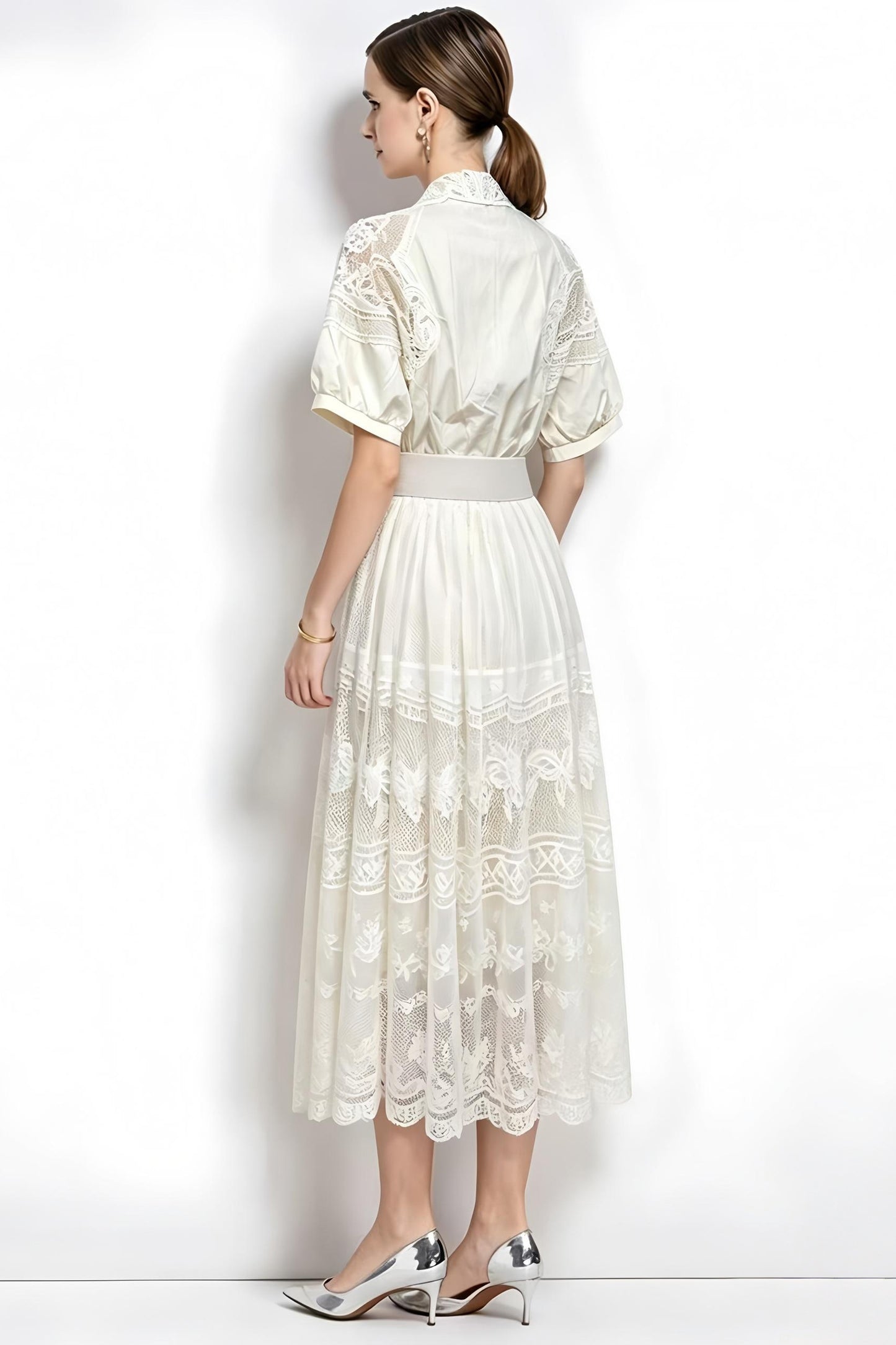 Romantic White Short Sleeve Lace Mesh Midi Dress with Belt