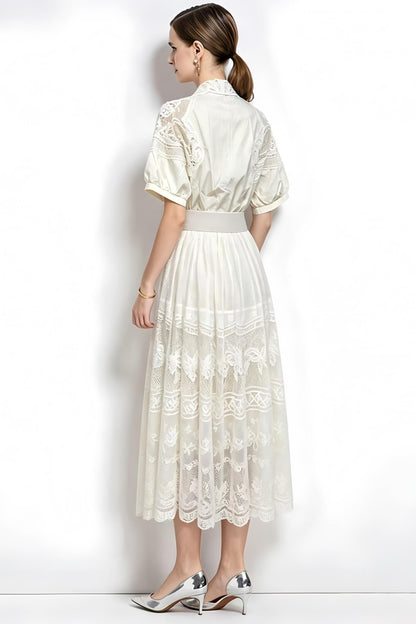 Romantic White Short Sleeve Lace Mesh Midi Dress with Belt