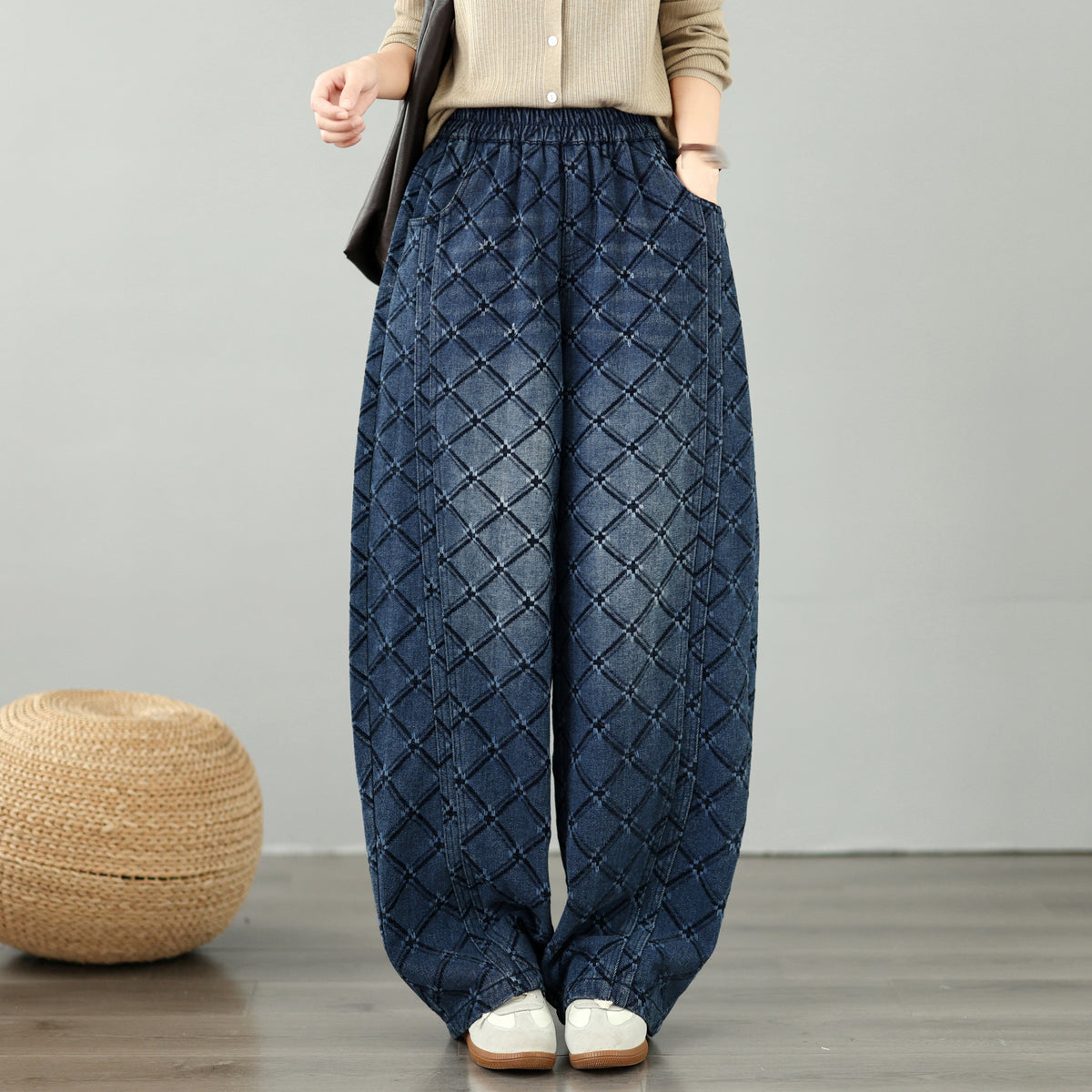 28674-Vintage Plaid Denim Wide Leg Pants with Drawstring Waist