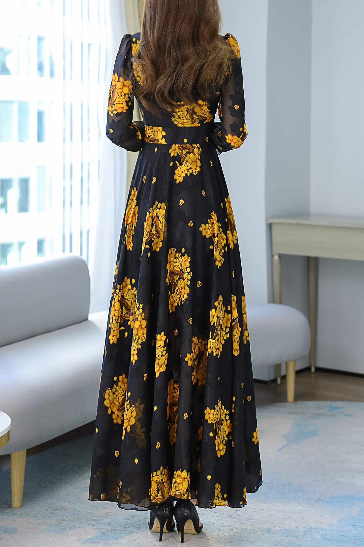 SSY-Women's Chiffon Tie V-Neck Allover Floral Maxi Dress