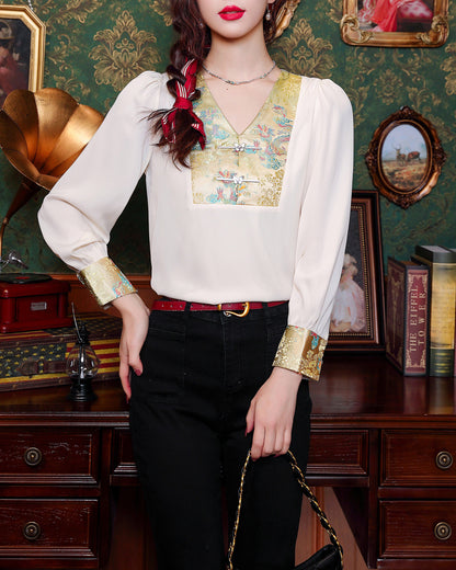 Women's Vintage chinese Silk Satin Top Embroidery Jacquard Blouses
