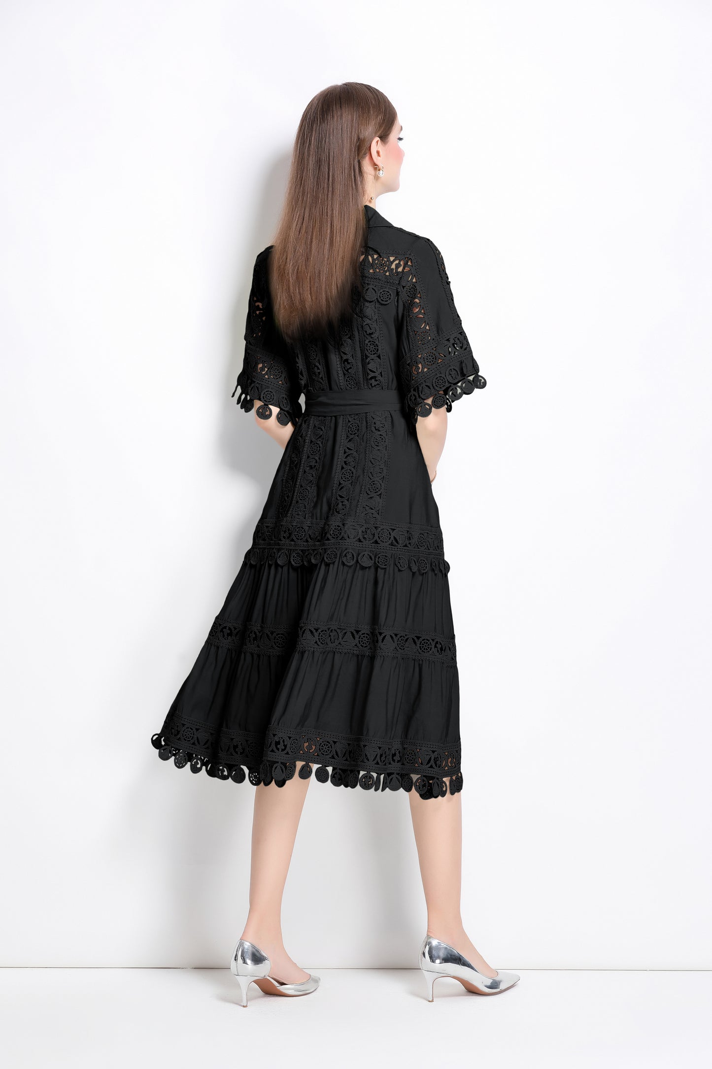 Women's Lace Lapel V-Neck Short Sleeve Midi Dress