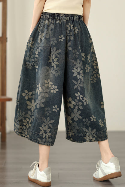 Floral Print Cropped Wide Leg Denim Pant