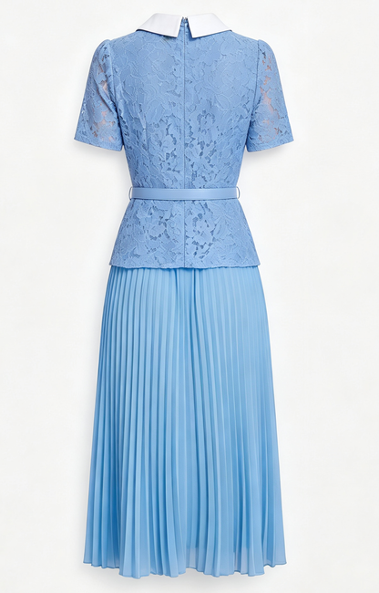 Lace Collar Pleated Midi Dress With Belts