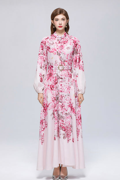 26-Women Floral Print Button Flowy Maxi Belt Dress